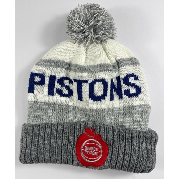 Detroit Pistons Beanie Pom Knit NBA White Gray Apple‎ Rare Basketballoffi - Picture 1 of 2